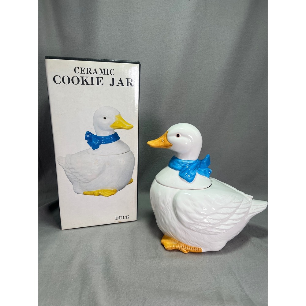 Vtg 1980s White Goose Duck Cookie Jar Blue Ribbon Bow Ceramic IN ORIGINAL BOX